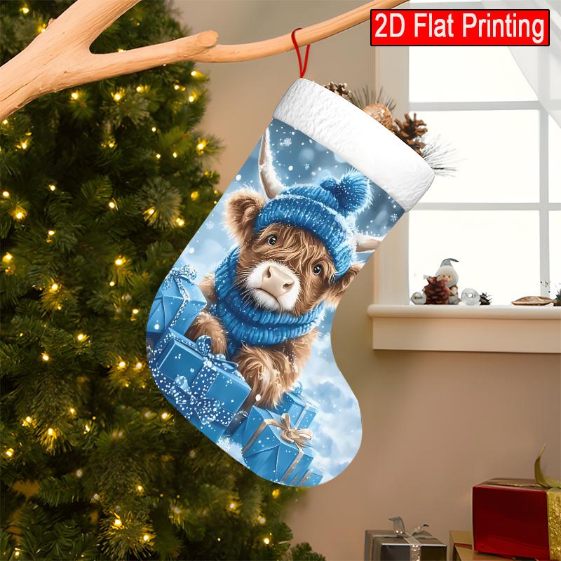Christmas decoration fireplace hanging stocking1pc Winter-Themed Christmas Stocking Featuring a Highland Cow D