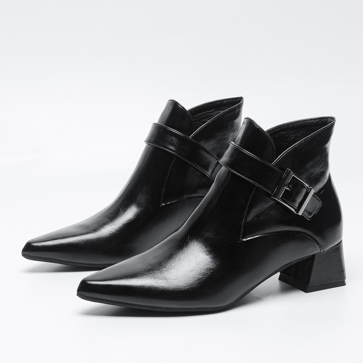 

Hot Selling Large Size Women s Shoes - Autumn and Winter Pointed Patent Leather Buckle High Heel Thick Heel Women s Boots 43 чёрный