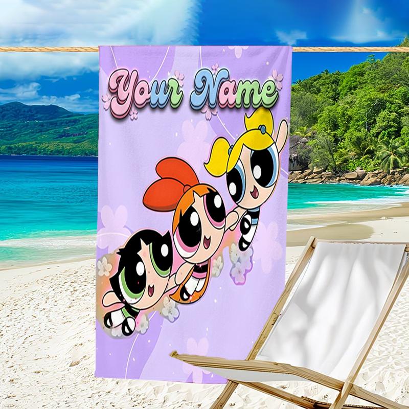 1pc Powerpuff Beach Towel with Custom Name, Beach and Seaside Swimming Pool Equipment, Fashion Pattern, Rectangular, Travel Essential