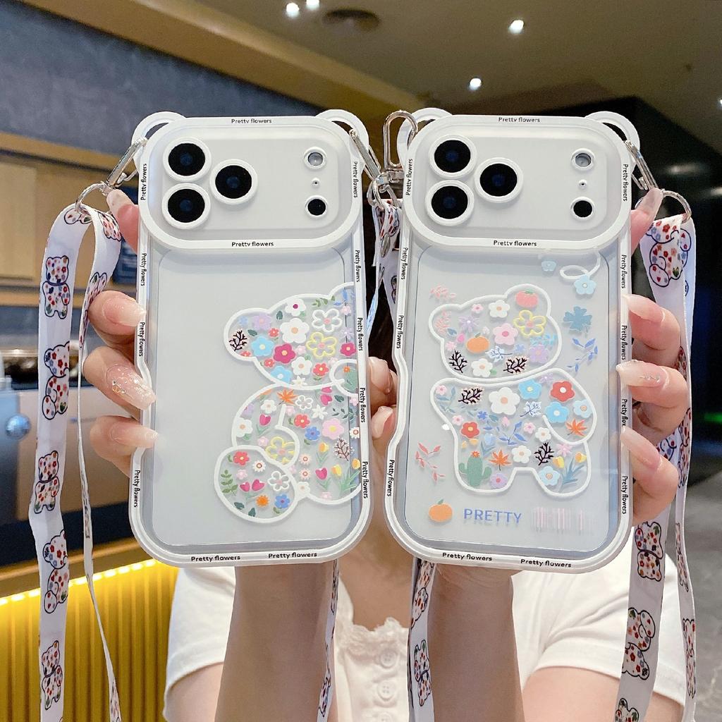 For iPhone 17 Pro Case Cute Bear Design Shockproof TPU Phone Back Cover with Shoulder Strap