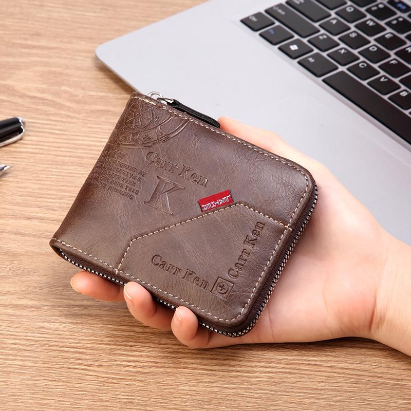 Korean Style Men's Retro Short Wallet - Patchwork Card Holder with Zippered Coin Purse and Driver's License Document Bag.