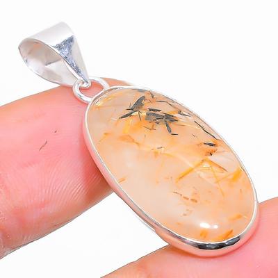 Natural Golden Rutile Gemstone Handmade 925 Sterling Silver Pendant 1.58" T0d50