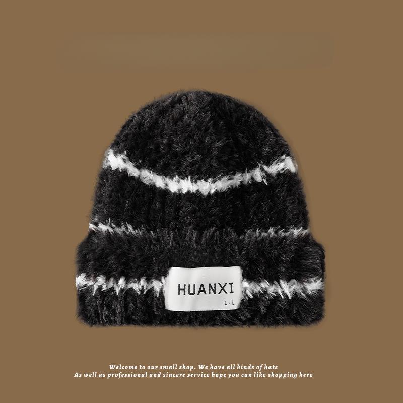 Wollmütze für Damen im Herbst und Winter neuer Stil gestreifte Ohrenschutzmütze, die das Gesicht klein erscheinen lässt, großer Kopfumfang, Baotou-Mütze, warme Strickmütze