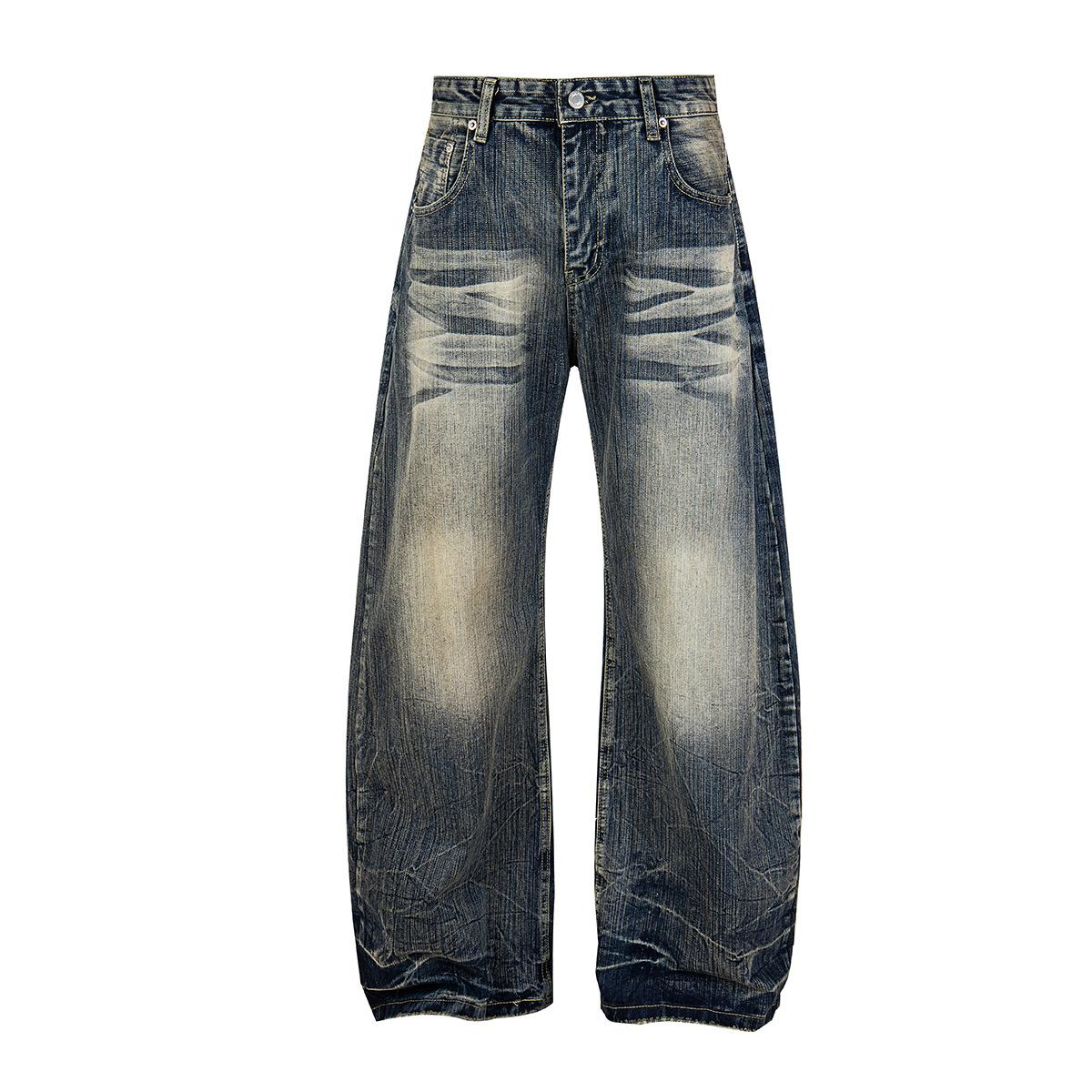 European and American scimitar pants retro washed jeans personalized bamboo pattern loose wide-leg pants men S синий