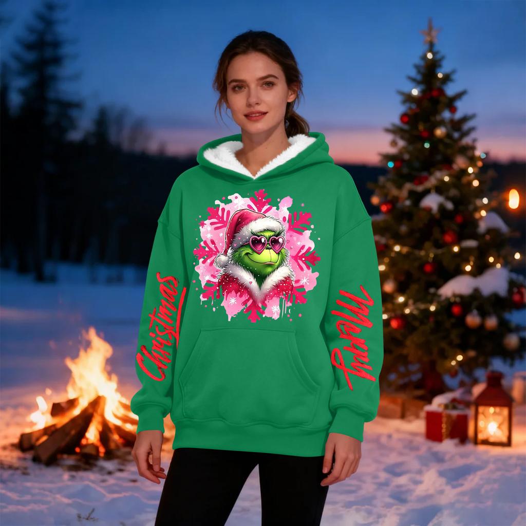 Damen Casual Mode Plus Samt Verdicktes Weihnachtsdruck Kapuzensweatshirt