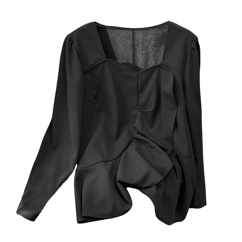 Simplicity Long Sleeved Top With Solid Color And Pleated Design For Spring Private Style