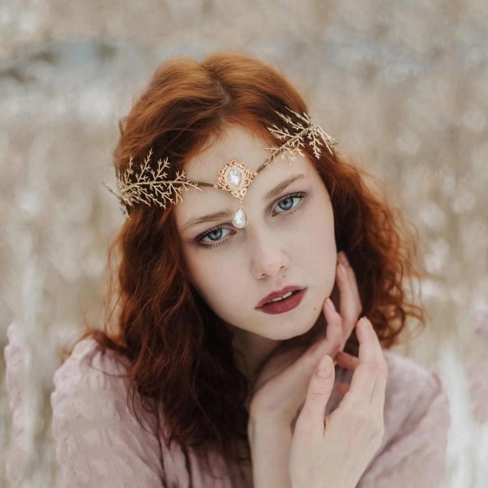Renaissance Bridal Forehead Chain Green Gemstone Branch Leaf Headpiece Outdoor Photo Prop