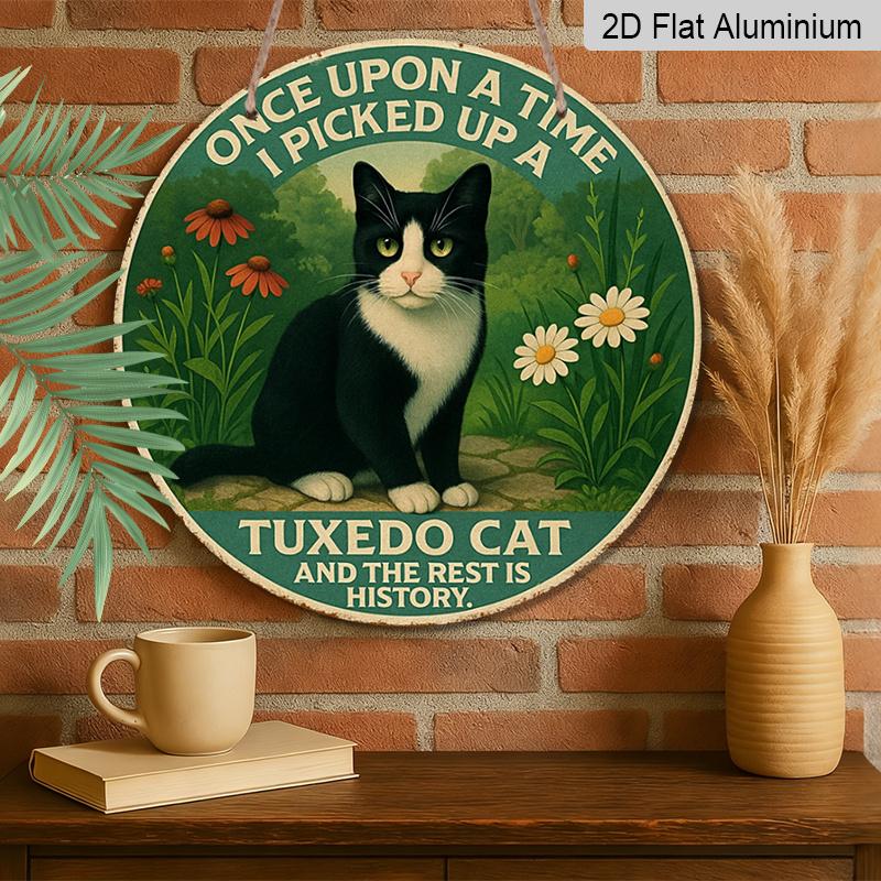 2D Flat, 1pc Round Waterproof Aluminum Hanging Sign, Vintage Green Background Tuxedo Cat Daisy Floral Funny Quote Print, Rustic Metal Plaque, Cat