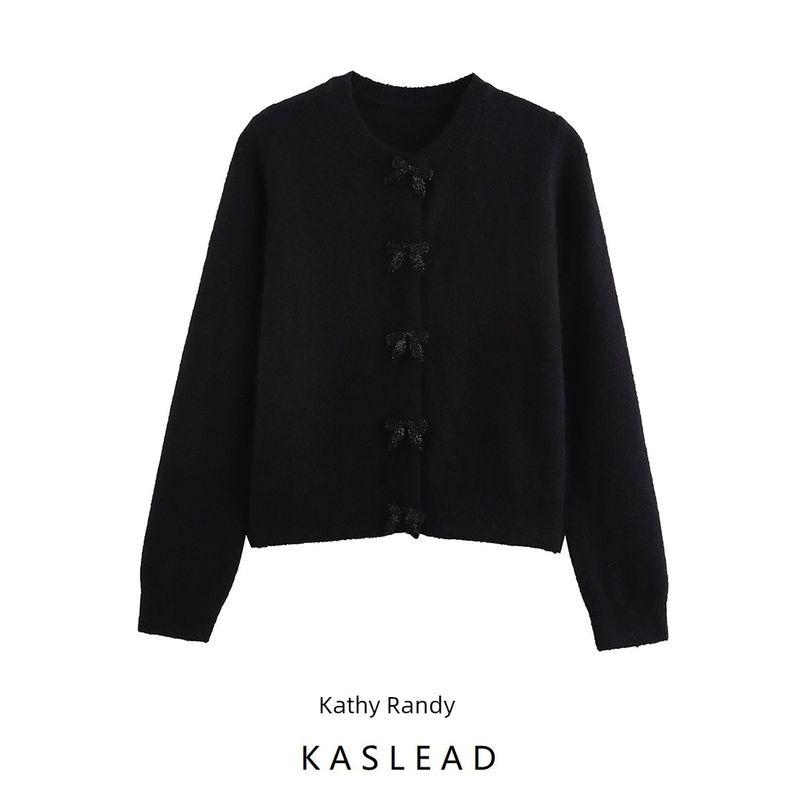 Kaslead New Arrival Women's Clothing Fashion Style Bows Decorated Row Button Round Neck Long Sleeve Knitted Coat 1473102