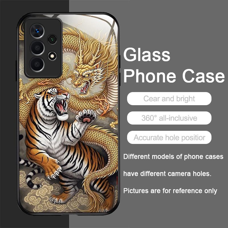 Shiny Golden Dragon and Tiger Pattern Tempered Glass Phone Case for Samsung Galaxy S25 Ultra S24 S23 Plus S22 S21 S20 FE Covers