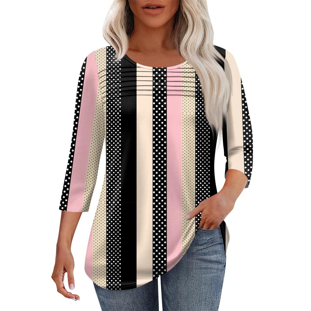 Dámský módní top s kulatým výstřihem, plisovanou přední légou, jednobarevný, s 3/4 rukávy