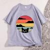 Schwarze Katze Sonnenuntergang T-Shirt Vintage Grafik Unisex T-Shirt Coole Streetwear Unisex T-Shirts Lässig Hohe Qualität Baumwolle Y2k Kleidung