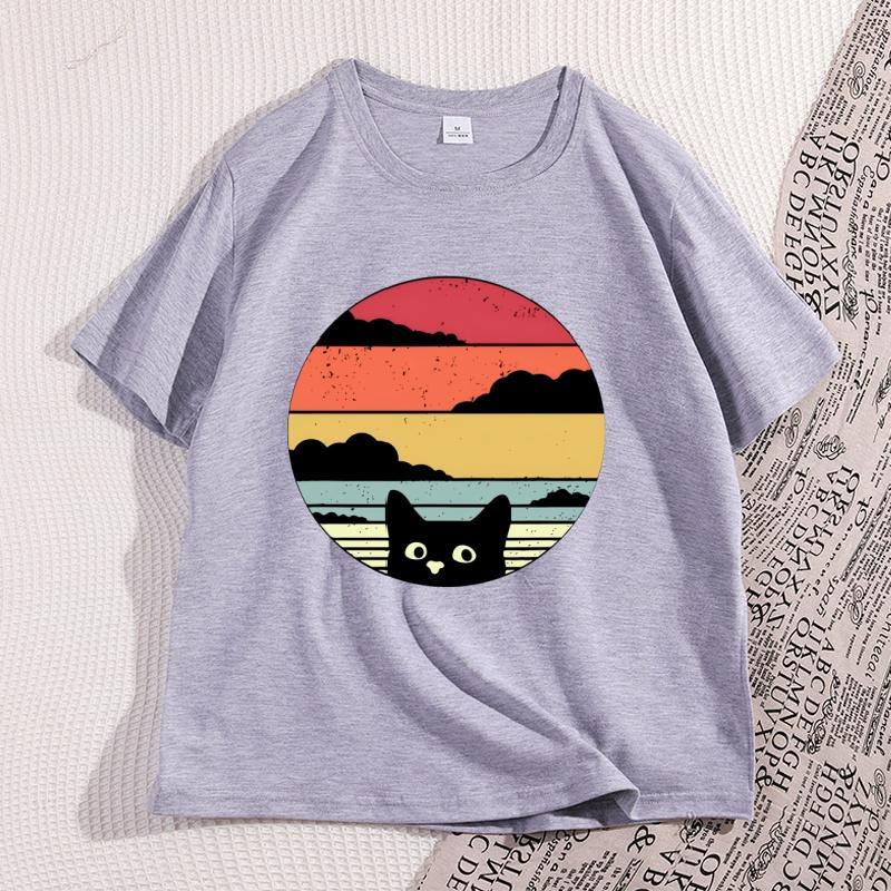 

Black Cat Sunset T Shirt Vintage Graphic Unisex T Shirt Cool Streetwear Men Tshirts Casual Cotton Y2k Clothes XXXL сірий