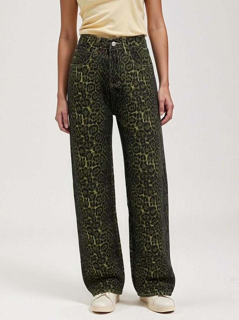 European and American wide-leg straight leopard print personalized fashion design sense women's jeans
