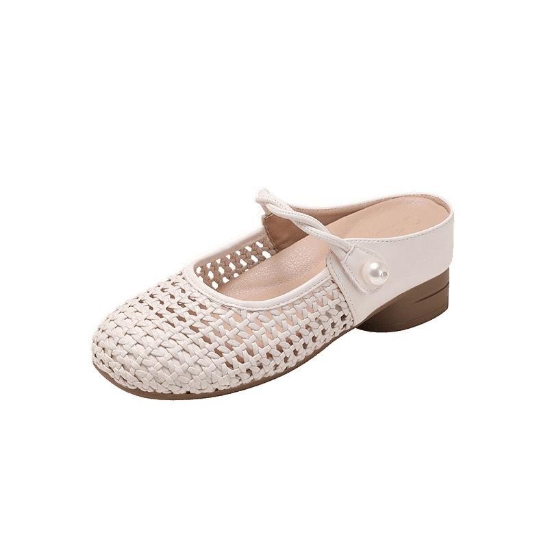 Retro Woven Hollow Half Slippers Women's Summer Outer Wear Inner Height Increase 7CM Word with Mary Jane Bag Head Sandals