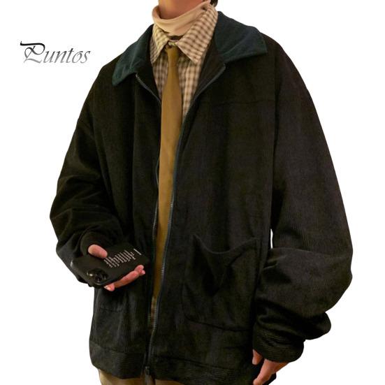 

Мужская куртка в стиле пэчворк свободного кроя с застежкой-молнией, повседневное пальто с лацканами и длинным рукавом, вельветовая верхняя одежда M чёрный