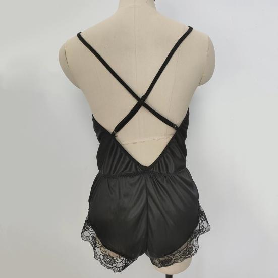 Women Sexy Pajamas V-neck Sling Sleeveless Bodysuit Faux Satin Lace Stitching Romper Sleepwear Wide Leg Backless Nightwear