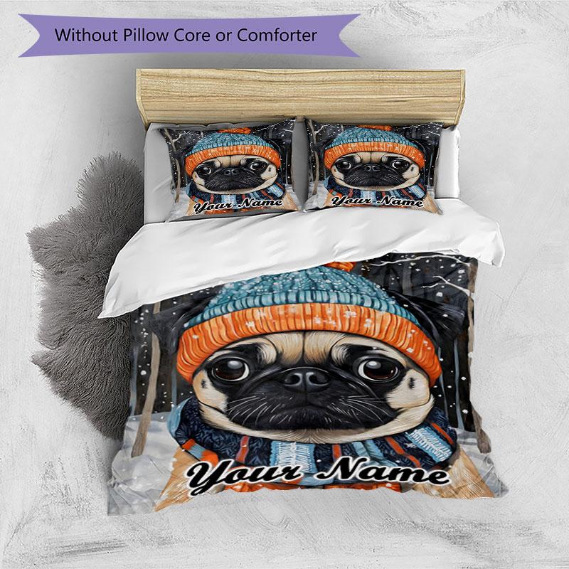 3PC Custom Name Winter Pug Portrait Bedding Set Duvet Cover Closure Includes 1 Duvet Cover & 2 Pillowcases for Bedroom