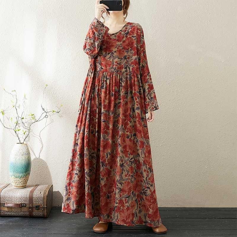 Round Neck Long Sleeve Loose Literary Vacation Style Plus Size Skirt