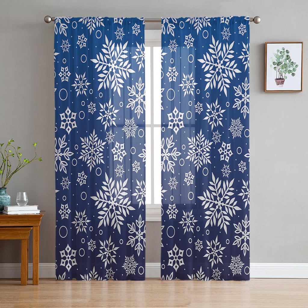 Christmas Blue Snowflake Texture Living Room Transparent Tulle Window Curtain Bedroom Kitchen Decor Veil Drapes Curtains