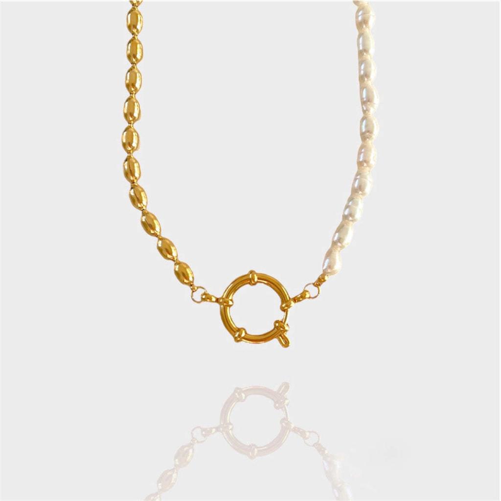 Titanium Steel Furnace Vacuum Plating 18K Real Gold Spring Buckle Opening Ring Pearl Paperclip Removable Base Chain