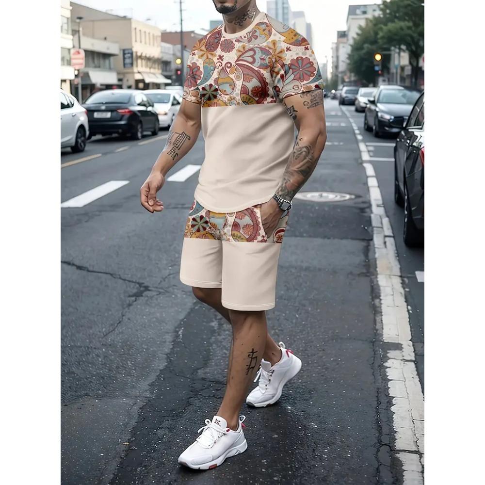 Summer Men's Clothing Letter Print Short Sleeve Top Men's Elastic Waist Shorts 2-piece Set Plus Size T Shirts Shorts Set