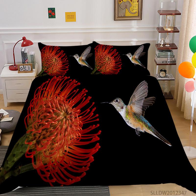 Hummingbird Duvet Cover Set King/Queen Size Small And Cute Tropical Bird Yellow Flower Green Leaves  Bedding Set Women