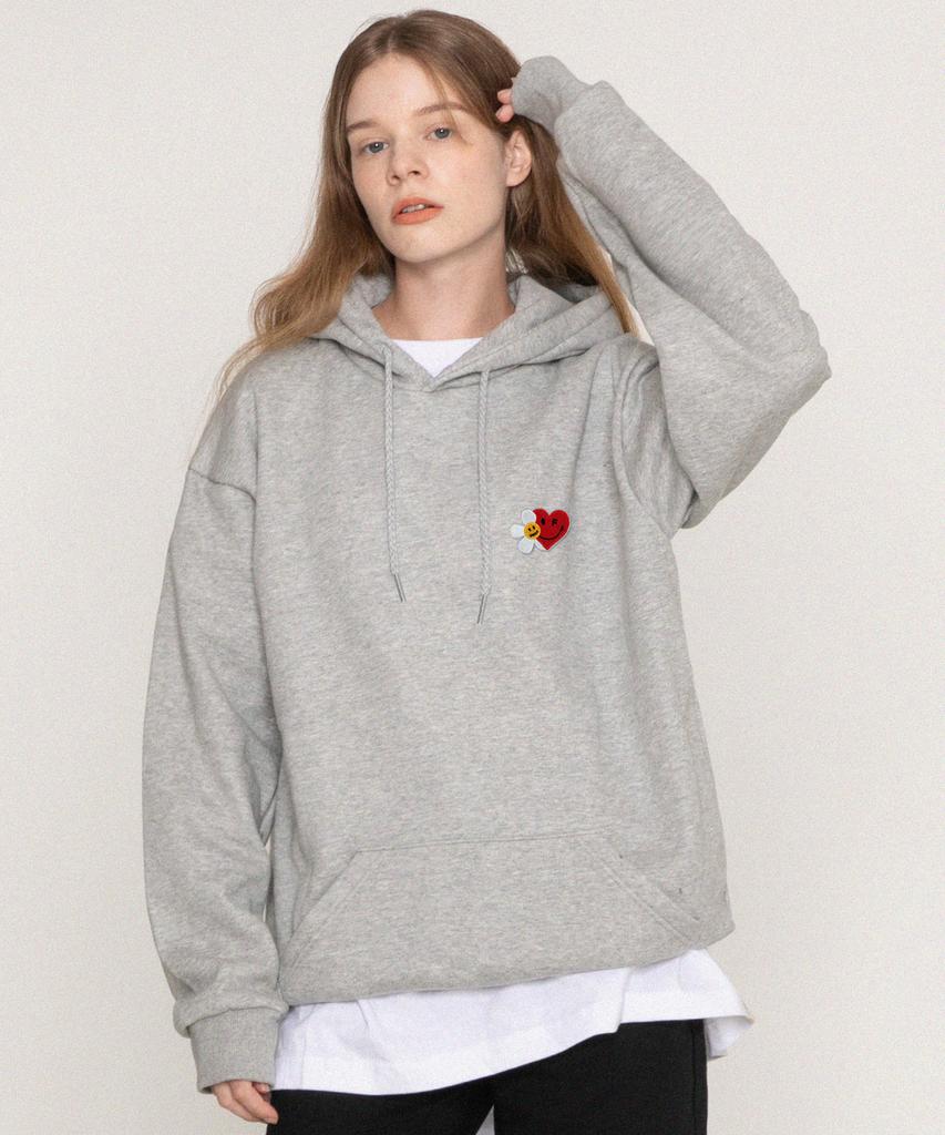 [Unisex] Flower Heart Half Smile Embroidered Hoodie_Gray
