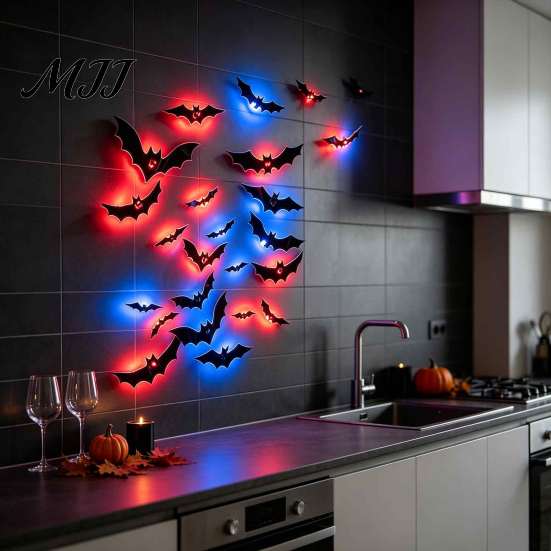Easy Stick Halloween Wall Art LED Flying Bat, 3D Glowing Creepy Bats Decor, Festive Holiday Party Decorations 6 Sizes Durable PVC Ornaments for Indoor