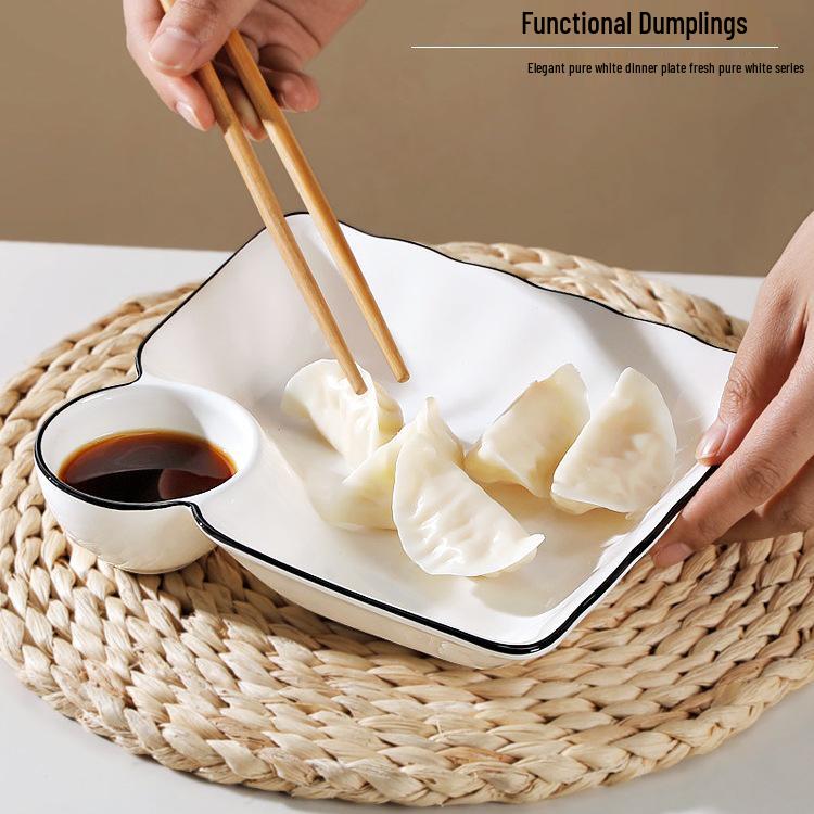 Compartmented Ceramic Dumpling Plate with Vinegar Dipping Dish