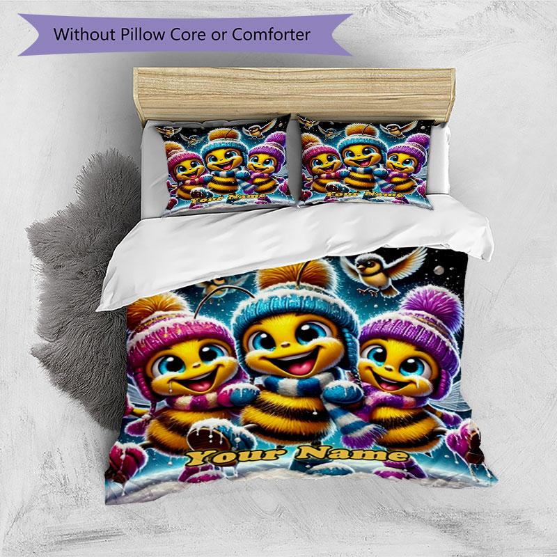 3pcs Custom Name Winter Bees Adventure Bedding Set Printed Bedding Set Duvet Cover Closure Includes 1 Duvet Cover & 2 Pillowcases Bedroom Decor