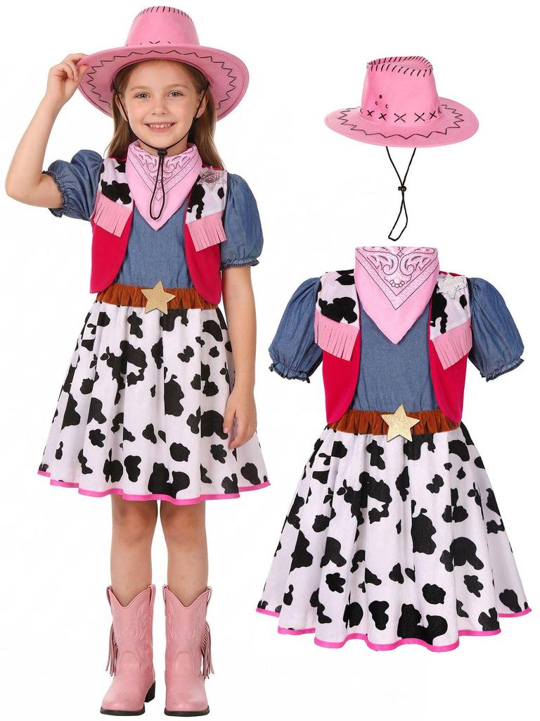 Girls' Blue Denim Cowboy Halloween Costume Set for Festival, Party & Cosplay