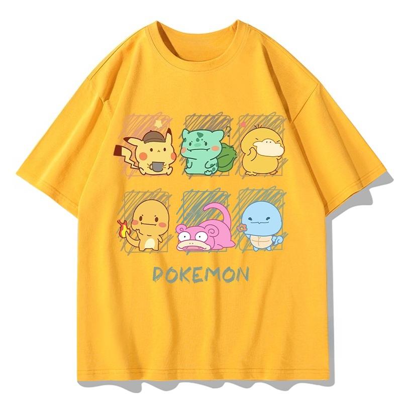 2026 Summer Pokemon Cute Starters Group Print T-Shirt, 100% Cotton Loose Oversized Couple & Family Tee for Travel Game & Sports
