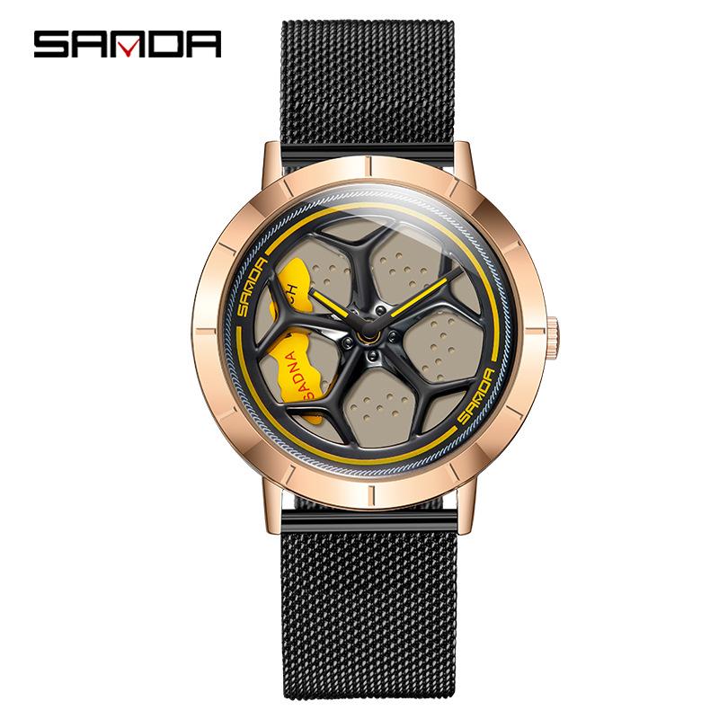 Sanda Men's Creative Rotating Quartz Wristwatch with Mesh Strap