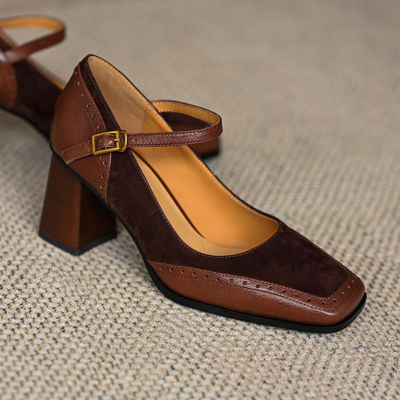 Spring and Summer Single Shoe Women's Patchwork Thick Heel Single Buckle Belt French Square Toe High Heels Anti Slip Shoes