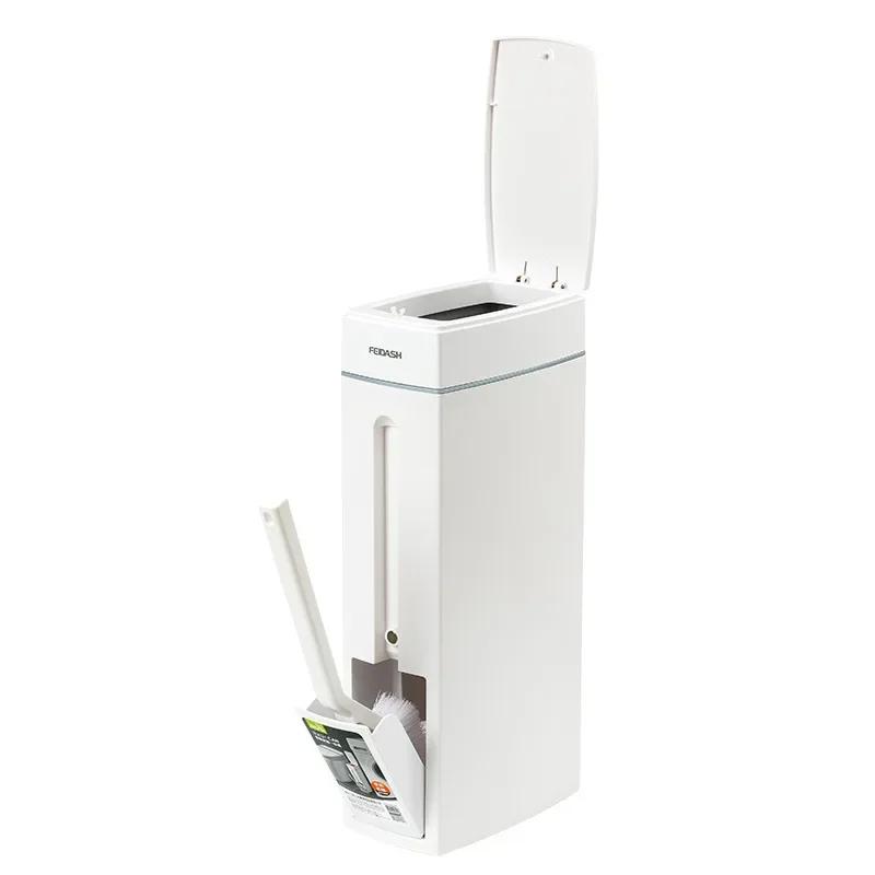 Ultra thin trash can suitable for narrow spaces, equipped with cleaning supplies, lid, and toilet brush - perfect for bathrooms