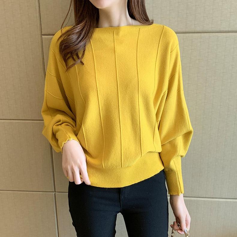 Vertikal gestreifter Strickpullover Damen Herbst Freizeit Fledermausärmel Pullover Damen Locker Einfarbig Langarm Oberteil