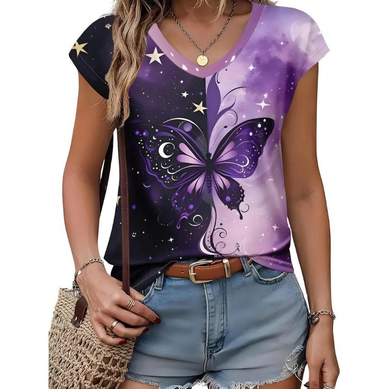 Summer Women's Casual Temperament Retro Printed Pattern V-neck Narrow Sleeved Shirt