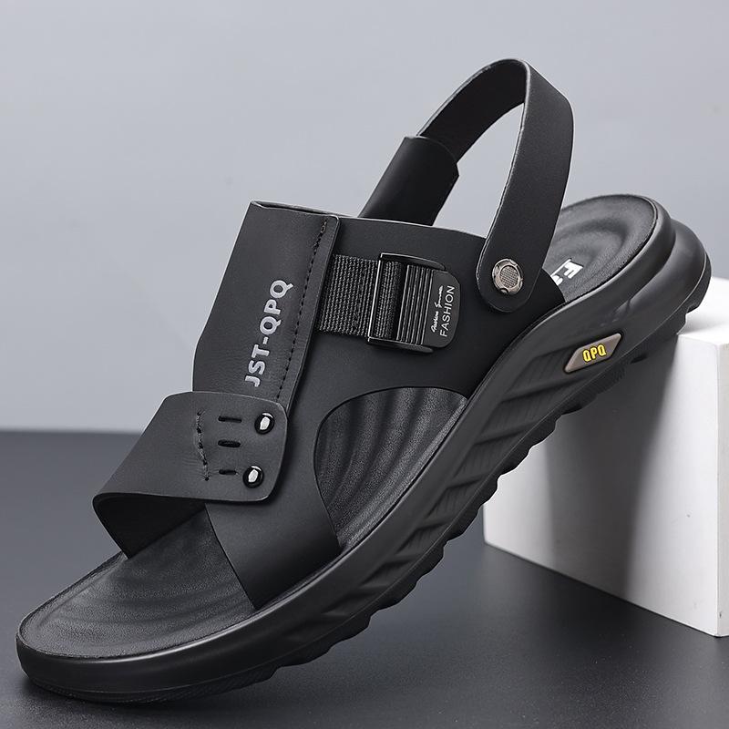 

2025 summer new cowhide sandals men s soft-soled casual beach shoes wear dual-purpose cool slippers 2025 38 чёрный
