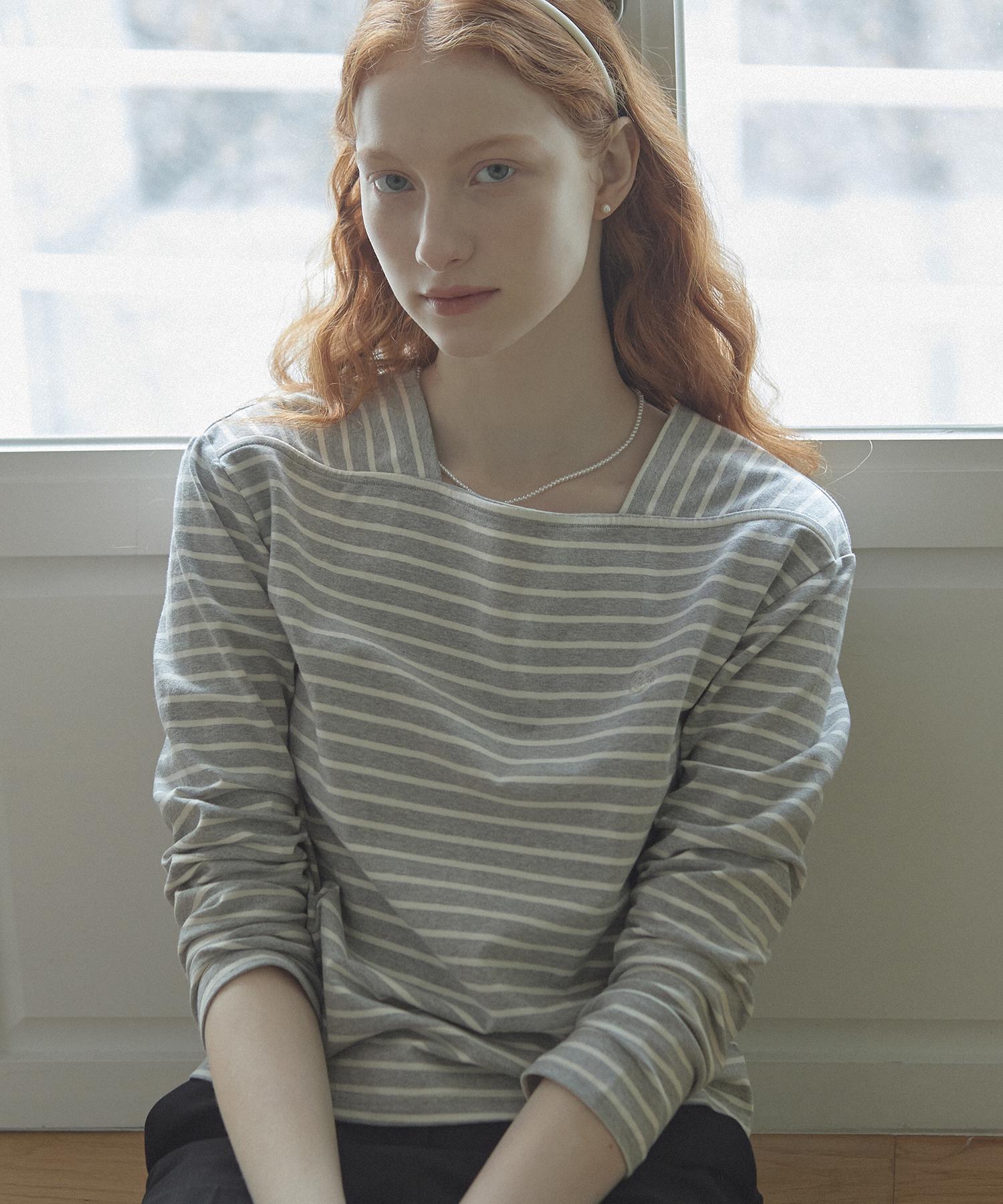 Nonlocal Boat Neck Stripe T-Shirt - Gray Grey/Free