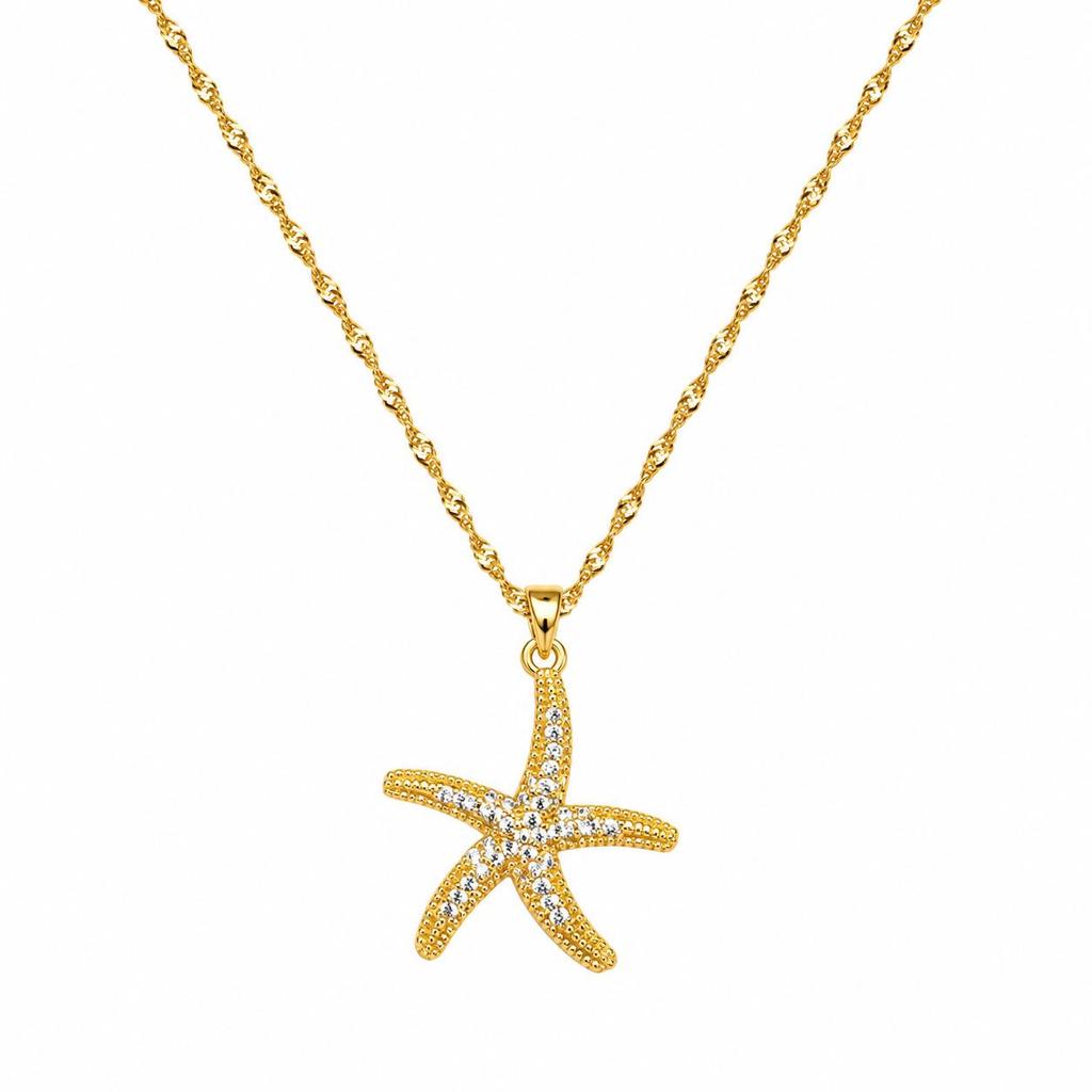 New Luxury Starfish Pendant Necklace: Copper-Plated with 18K Gold, Zircon Inlay, Simple Clavicle Chain