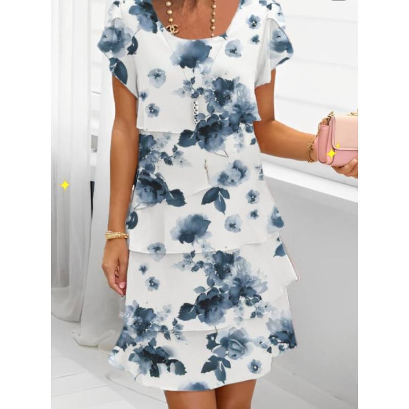 Polyester Short Sleeve Floral Print Dress With Digital Printing For Casual Spring Wear