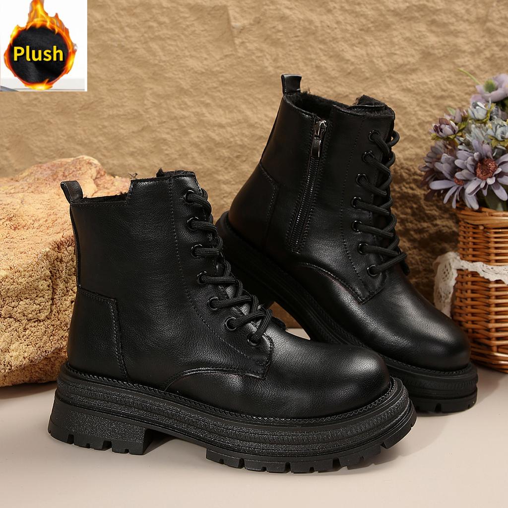Damer Plattformstövlar Kort Plysch Enfärgad Snörning Sidodragkedja Ankelstövlar Vinter Damskor Stor Storlek 42 Damskor