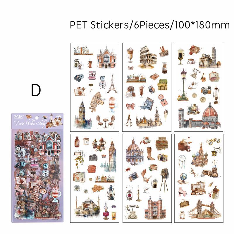6pcs Literary Retro Stickers PET Materials DIY Scrapbooking Art Collage Stationery Planner Decor Diary Stickers