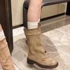 New 2024 Autumn Women Platform Boots Khaki Suede Pleated Mid-calf Boots Retro Fashion Bowknot Western Cowboy Boot Knight Booties