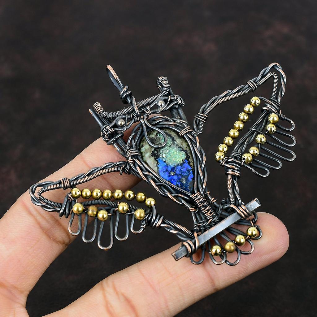 Azurite Malachite Pendant Copper Wire Wrapped Gemstone Jewelry Copper Pendant Handmade Jewelry Owl Pendant Wire Wrap Pendant Gift For Women