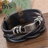 Men Vintage Braided Faux Leather Stainless Steel Cuff Bangle Bracelet Wristband