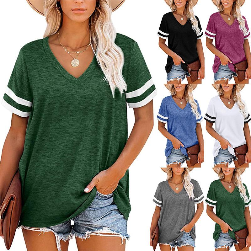 Women's 2026 Summer New V-neck Short-sleeve Color-block T-shirt Loose Casual Top
