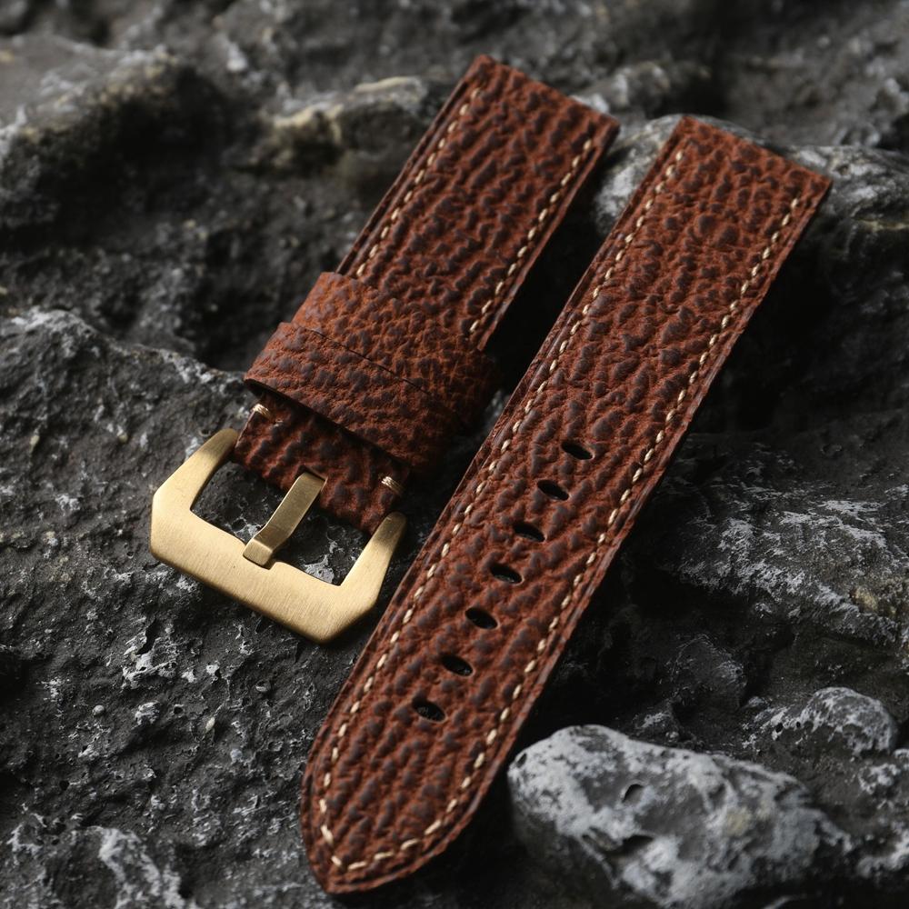 Classic Sharkskin Genuine Leather Watch Band 20 22 24MM Bronze Watch Accessories Buckle, High-end Genuine Leather Bracelet, Pure Bronze