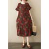 Summer Thin Cotton and Linen Retro Flower Art Knee Length Dress with Feminine Temperament